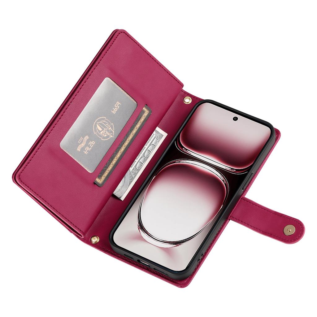 DF-011 For Oppo Reno12 5G (Global) Case Zipper Pocket Wallet Leather Phone Cover with Straps