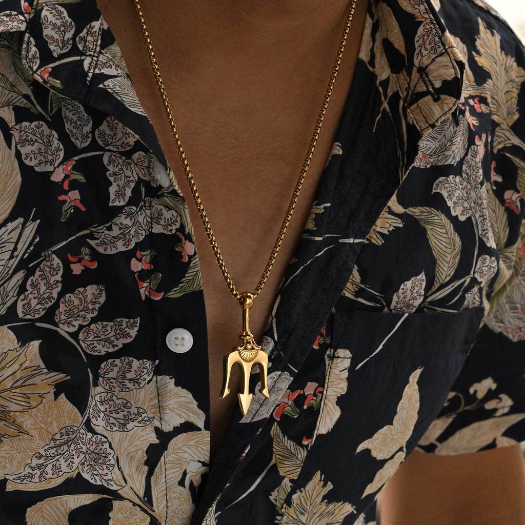 Vnox Men's Rock Punk Trident Pendant Necklace, Stainless Steel 60cm Length Box Chain, Hip Hop Metal Jewelry Accessory
