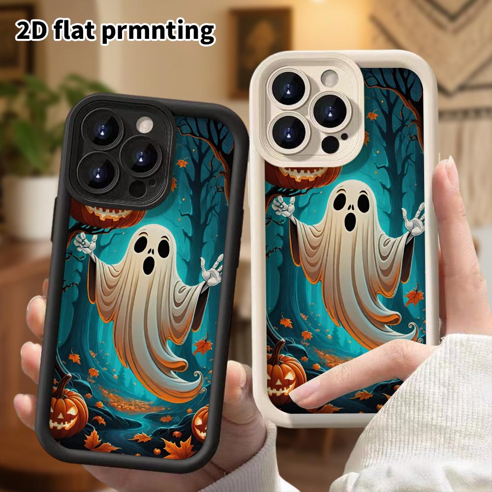 Phone Case: 2D Flat Design Suitable for iPhone 18 17 16 15 14 13 Pro Stepped Protective Case, Forest Quirky Ghost, Halloween Gift