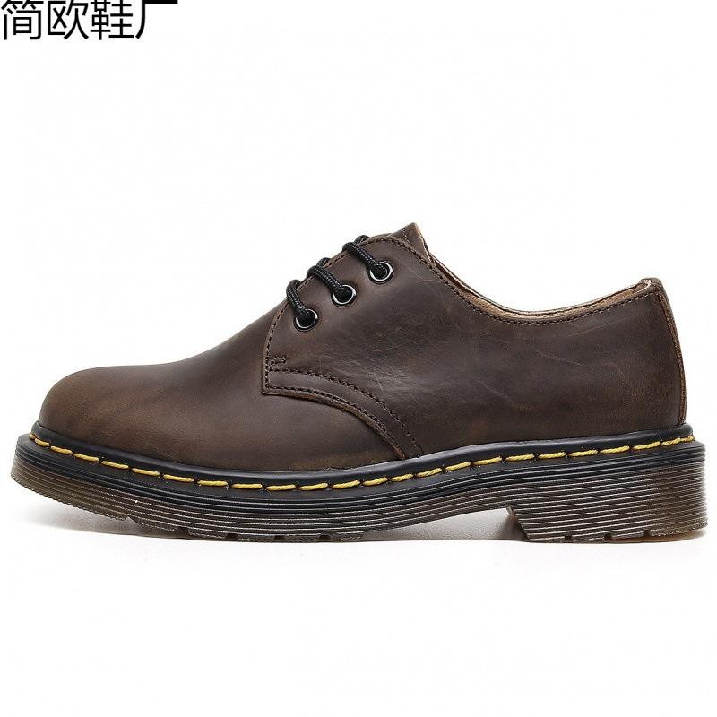 First layer low-top small leather shoes women's leather Crazy Horse blue large size short boots round head men's and women's couples leisure workers