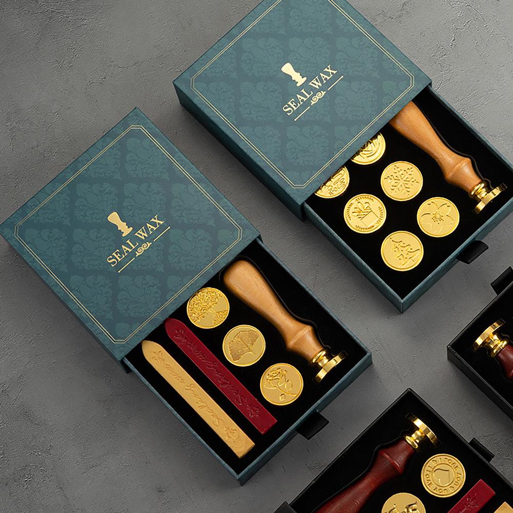 Retro Wax Seal Set Wooden Handle Exquisite Wax Seal Stamp Set Fire Paint Seal Set Envelope Invitation Sealing Wax Craft Gift Box