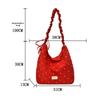 Red Floral Canvas Shoulder Bag Adjustable Ruffled Strap Large Capacity For Commute Shopping Travel
