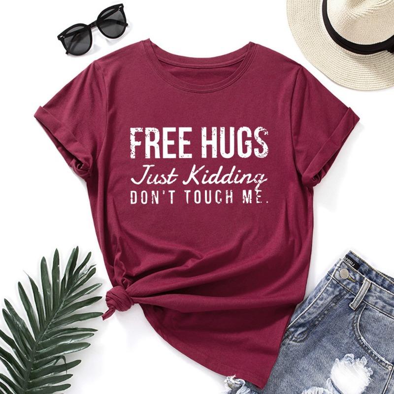 

Летняя женская одежда FREE HUGS напечатанный чистый хлопок свободные круглый вырез короткий рукав футболки женские 5XL бордовый
