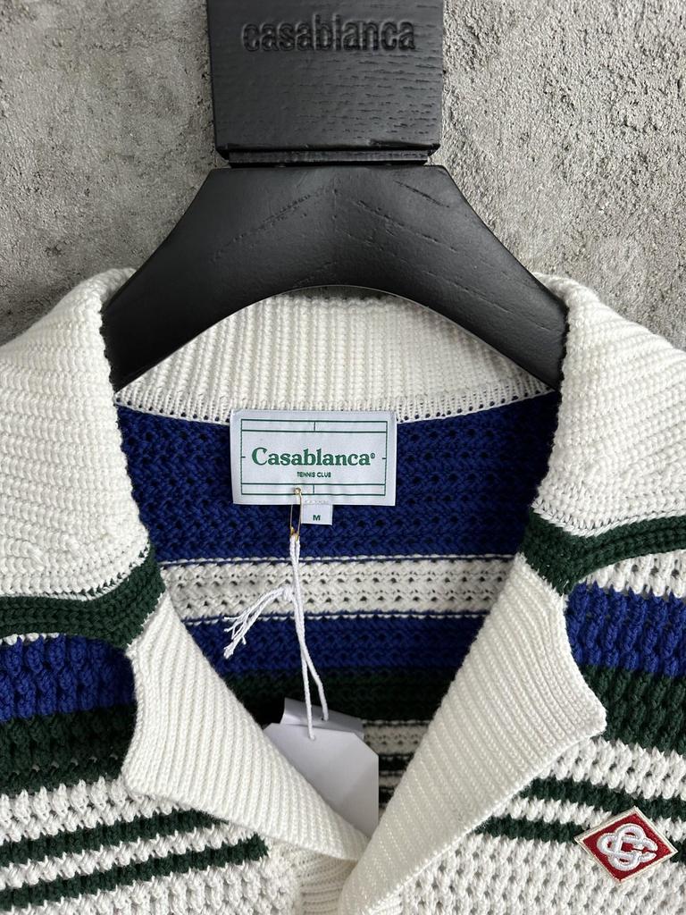 Skladem CASABLANCA Modrý pruhovaný Ručně pletený Svetr Cardigan z Čisté Bavlny