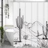 Line Art Desert Cactus Shower Curtain, Bathroom Decorative Shower Curtain, Waterproof Shower Curtain with Hooks