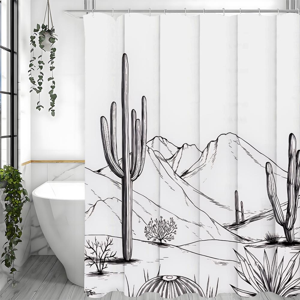 Line Art Desert Cactus Shower Curtain, Bathroom Decorative Shower Curtain, Waterproof Shower Curtain with Hooks