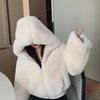 Herbst Faux Pelz Crop Mantel Damen Y2K Mode Streetwear Flauschige Kapuzen-Pelzjacke Dame Koreanisch Elegant Dick Faux Kaninchenfell Parkas