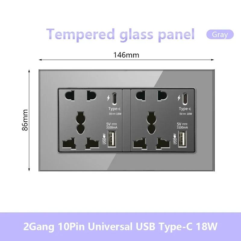 UK 13A 220V Dual Outlet with 18W Type-C Quick Charge,1/2 Way Light Switch Panel, Tempered Glass Surface,Wall Socket for TV/Phone