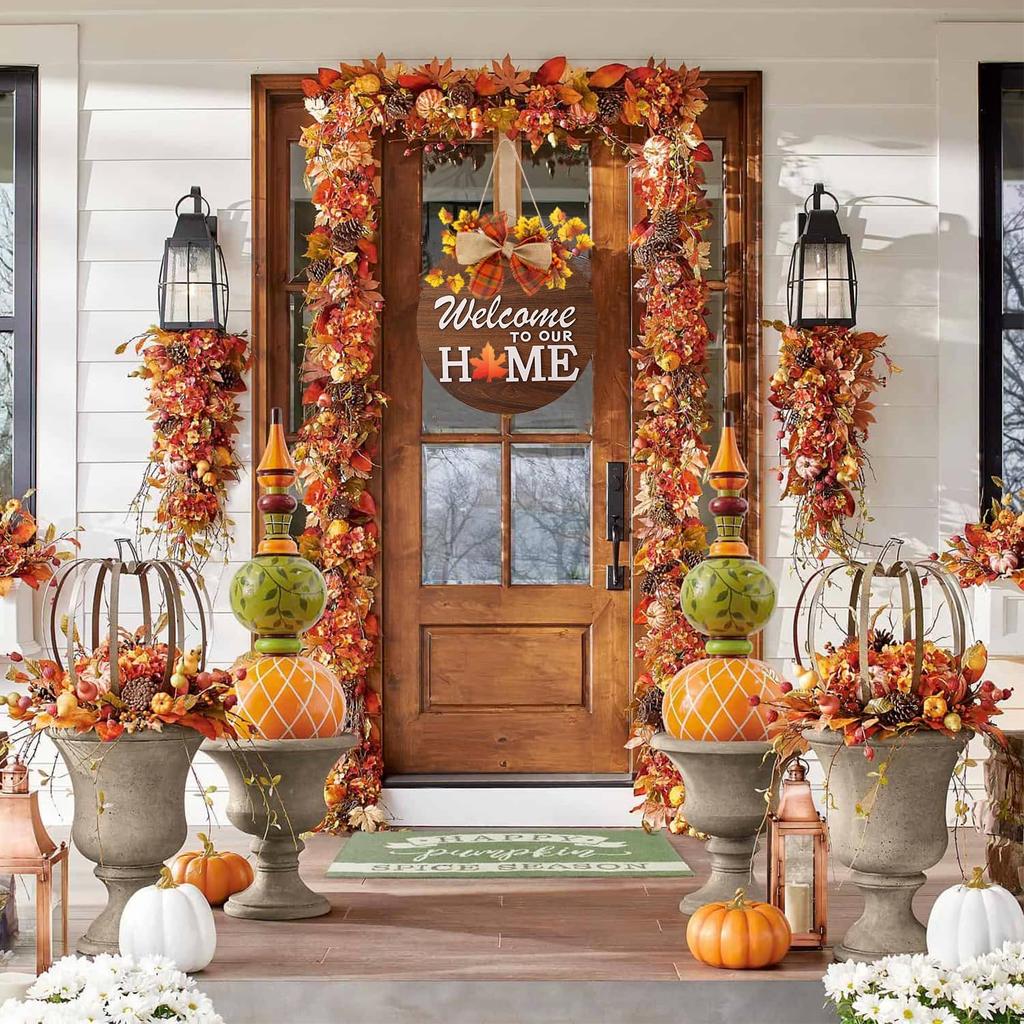 Interchangeable Welcome Sign for Front Door with 4 Seasonal Wreaths and 14 Changeable Icons, Farmhouse Front Door Signs, Door Decoration Porch Decor,
