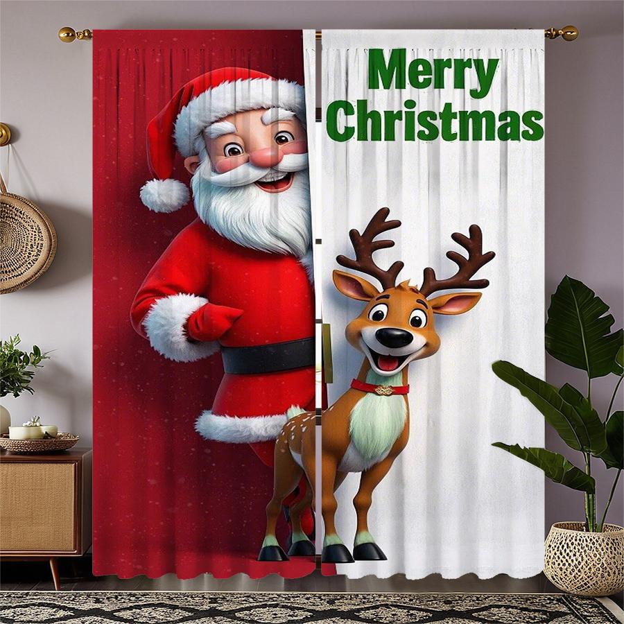 Set Of 2 Christmas Santa Claus Tree Pattern Printed Curtains Decorations Home Room Curtain Polyester Elegant