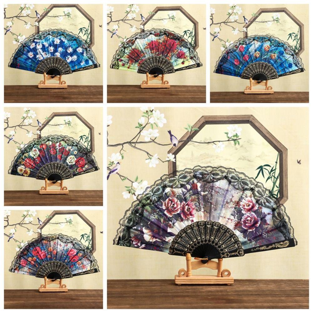 Plastic Ribs Spanish Folding Fan Lace Trim Edge Handheld Fan Elegant Dance Prop Fan Gift