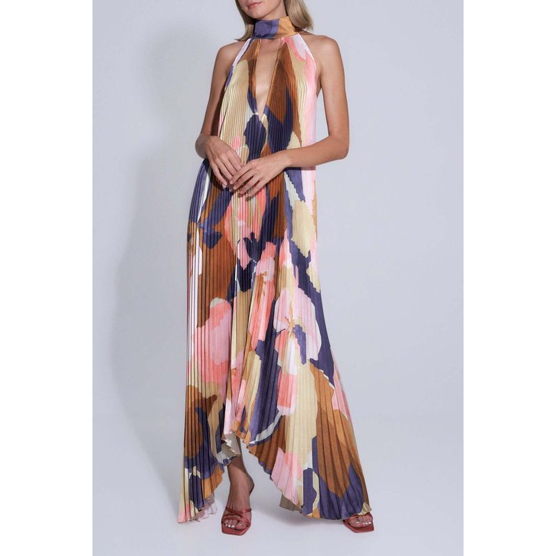 

High Sense Dress Irregular Pleat Print Guest dresses Vacation Beach Long dress Caramel color S