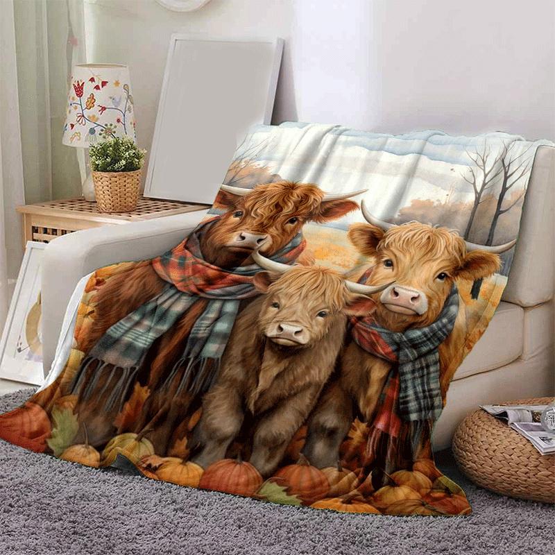 

1pc Highland Cow Printing Lightweight Flannel Blanket, Comfortable and Warm Blanket, for Camping Sofa Bed and Couch Office, in All Seasons 130cmx150cm