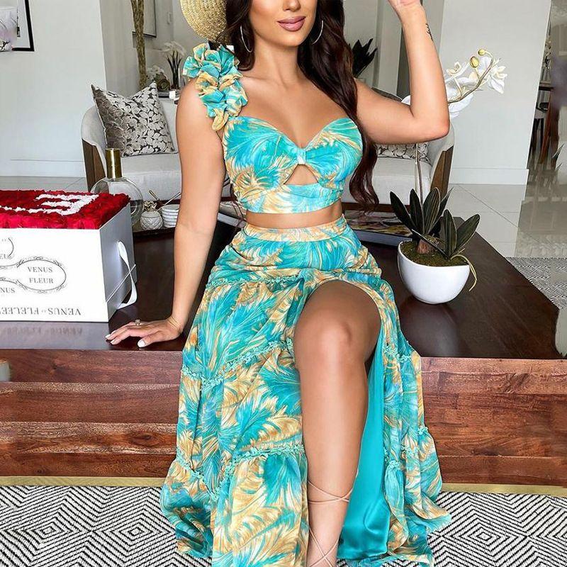 

2023 Temperament Lotus Leaf Hollow Top Printed Split Dress Image color L