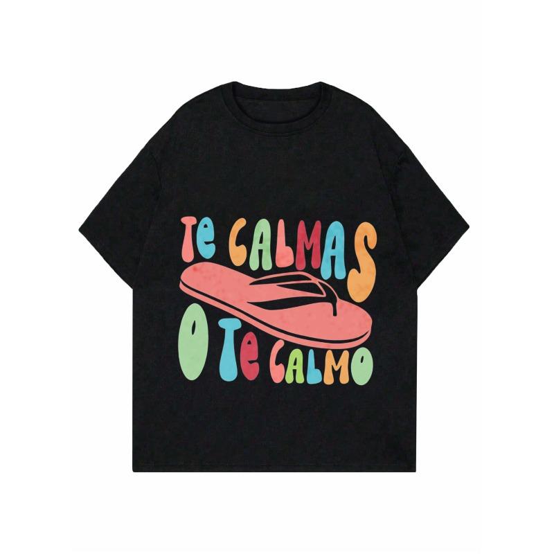 Women Casual T Shirt Black Colorful Flip Flop Print Te Calmas O Te Calmo Text Summer Beach Wear
