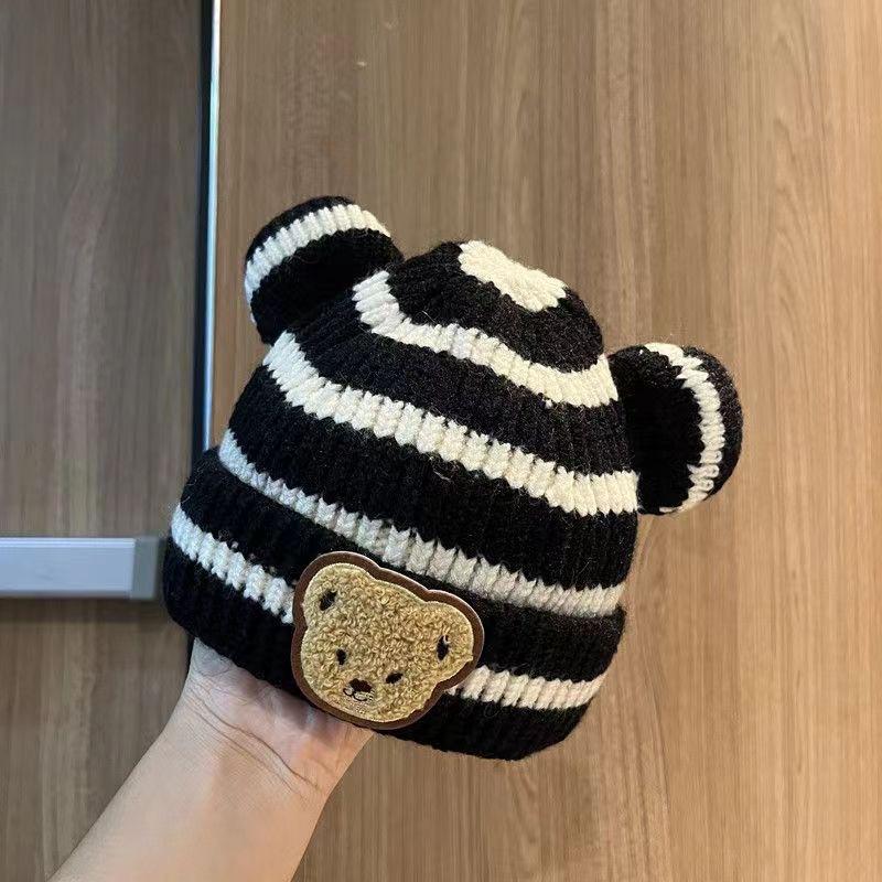 Autumn and winter children's warm hat cute striped bear hat baby double ball knitted hat men's and women's treasure hats