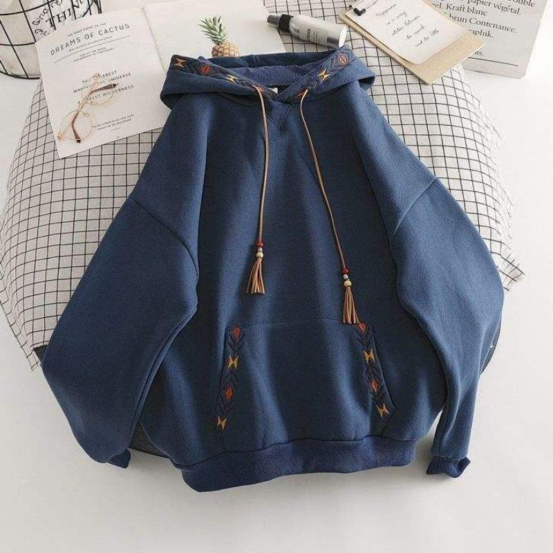 Fleece Embroidered Sweater Women's Autumn and Winter Niche Design Sense Hooded Jacket E Loose Thickened Top