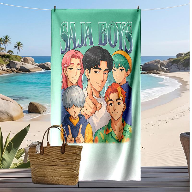 Kpop Demon Hunters Printed Beach Towel, Large Absorbent Quick Dry Towel for Summer Outdoor Swimming