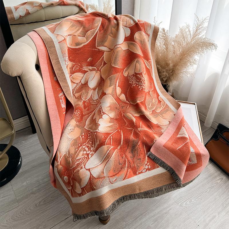 Autumn And Winter National Style Plants And Flowers Landscape Painting Elegant Women Warm Scarf Fashion Retro Shawl