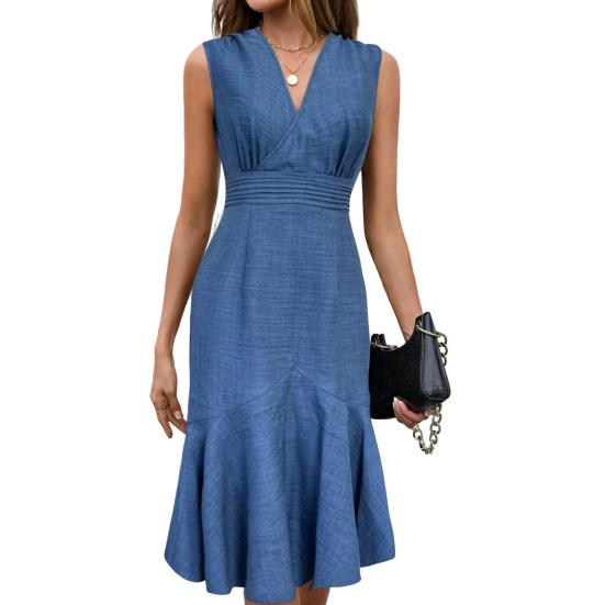Abito Estivo da Donna Casual Scollo a V Senza Maniche Coda di Pesce Midi Abito da Festa Cocktail Aderente per Lavoro Quotidiano
