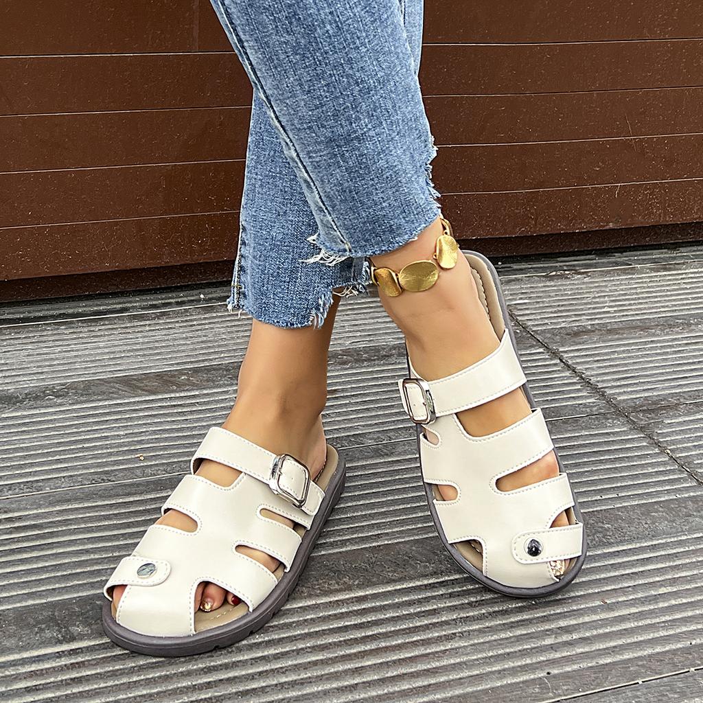 Fashion Women's Summer New PU Leather Simple Solid Color Outdoor Slip-on Flat Shoes 2025 Daily Casual Open-toe Beach Women's Roman Shoes