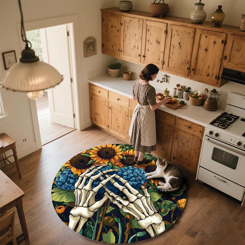 Sunflower and Skull,Round Area Rug,Carpet Rug for Living Room Bedroom Sofa Playroom Decor,Non-slip Floor Mat