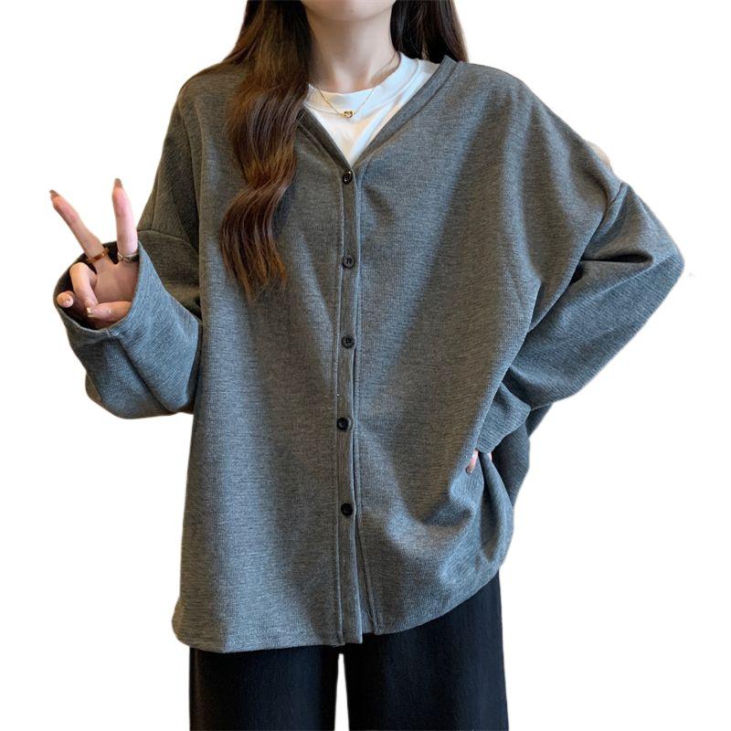Gray Slimming Thin Cardigan Jacket - Loose, Versatile, Long-Sleeve Outerwear for Petite Women, Ideal for Early Autumn.