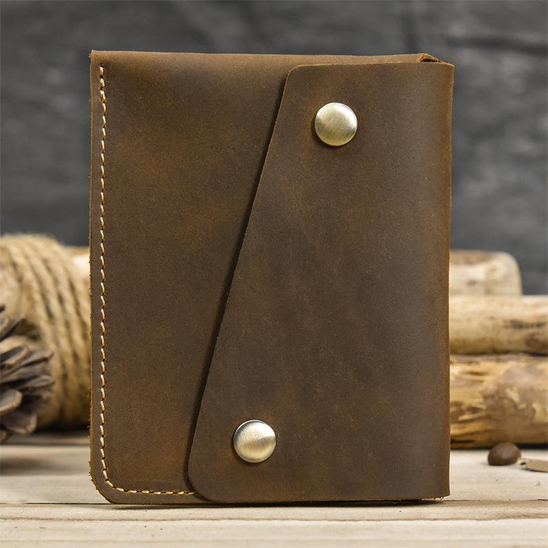 Men'S Genuine Leather Card Bag, Simple Snap Button Change Bag, Change Bag, Retro Crazy Horse Leather Card Bag, First Layer Cowhide Coin Bag.