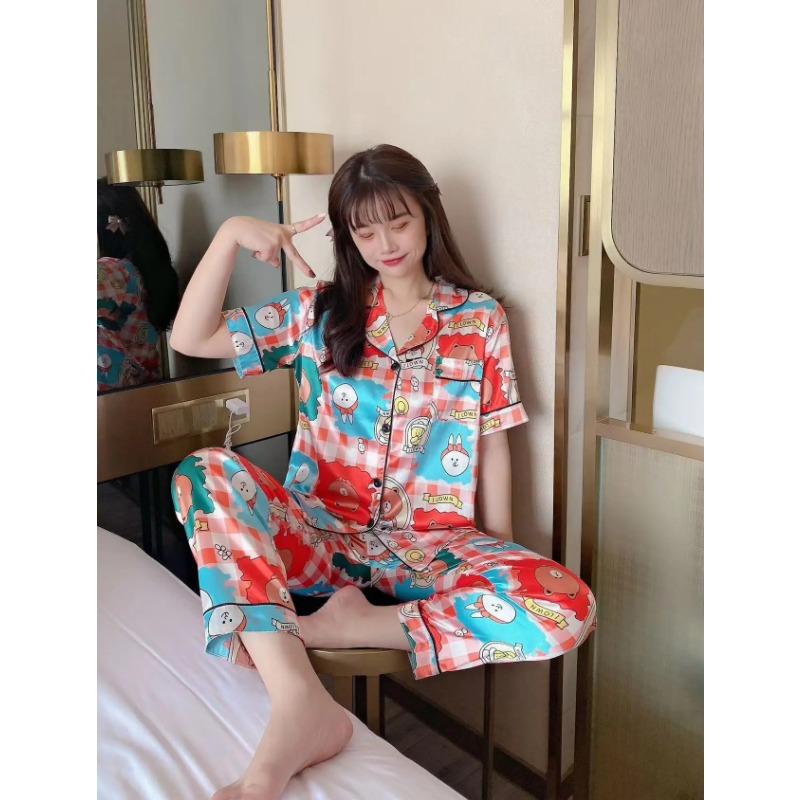 2Pcs/set Women's Pajamas Autumn and Winter Silk Cardigan Printing Loose Short-sleeved Trousers College Students Homew