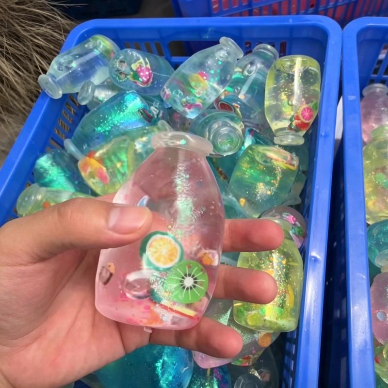 Fruit Hard Candy Glass Bottle Shaped Stress Ball Transparent Soft Squeeze Fidget Toy for Kids Adults Anxiety Relief Office Desk Use