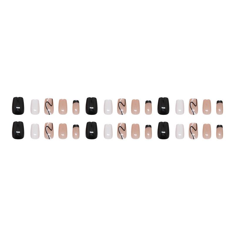 Simple Black and White Irregular Lines French Style Daily Commuting Fake Nails Removable Wearable Nails 24 Pieces