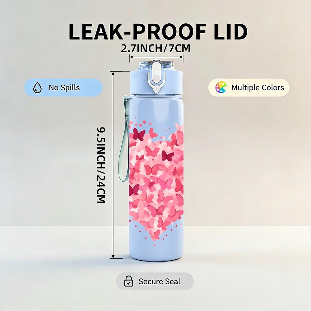 1PC Pink Broken Heart Glitter Art Print 750ml Color Plastic Sports Water Bottle Leakproof Flip Straw Lid Suitable for Sports Office Home Use
