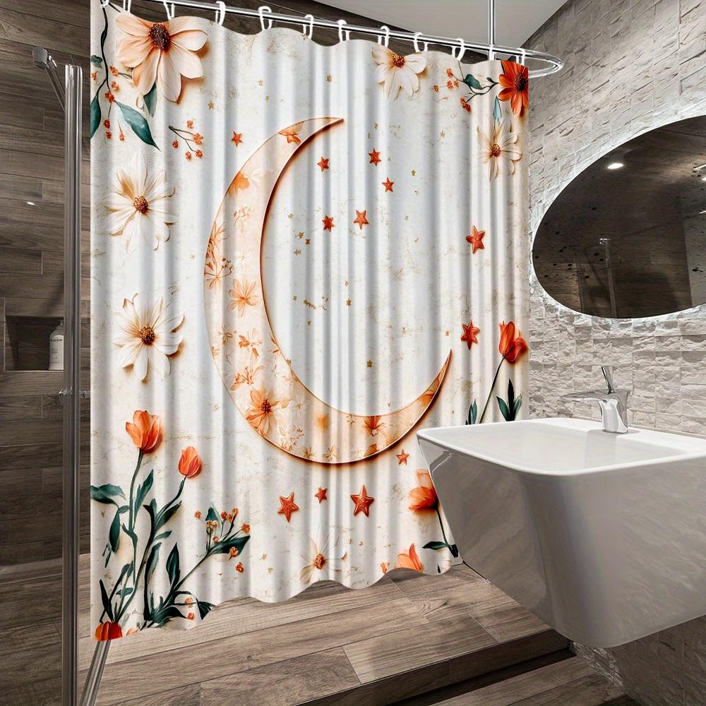 1Pc Charming Moon & Floral Shower Curtain - Elegant Bathroom Decor With Crescent Moon, Stars & Orange Flowers, Polyester Fabric,