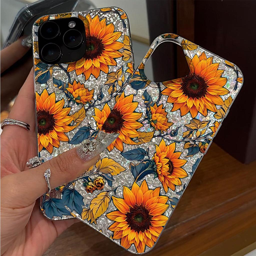 Case for iphone 16 Plus XR XS Max 18 Pro Max 17 Pro 11 13 Air 15 12 14 Silver Glitter Crackle Background Full Screen Sunflowers