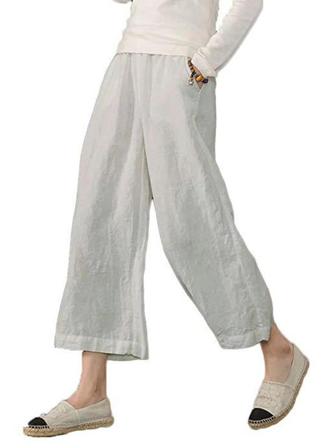 Women Cotton Linen Blend Wide Leg Cropped Casual Pants S