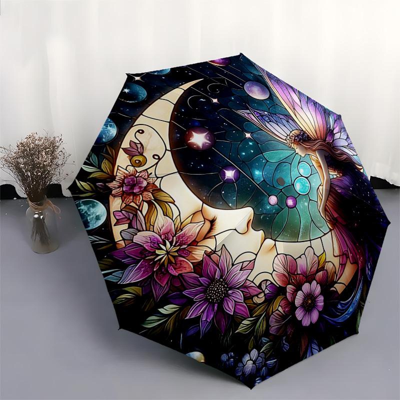 1pc Stained Glass Fairy Moon Flowers Automatic Folding Umbrella - Portable 3-Fold Design with 8-Bone Iron Frame, Outdoor for Fans, Travelers, Daily Us