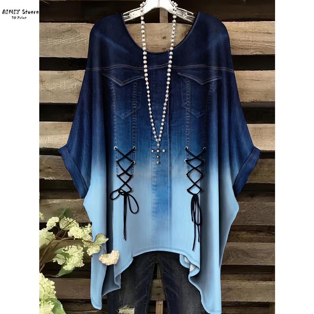 Imitation Denim All-Over Print T-Shirt | Casual Round Neck Short Sleeve Top with Frayed Hem Crisscross Back Detail Washable
