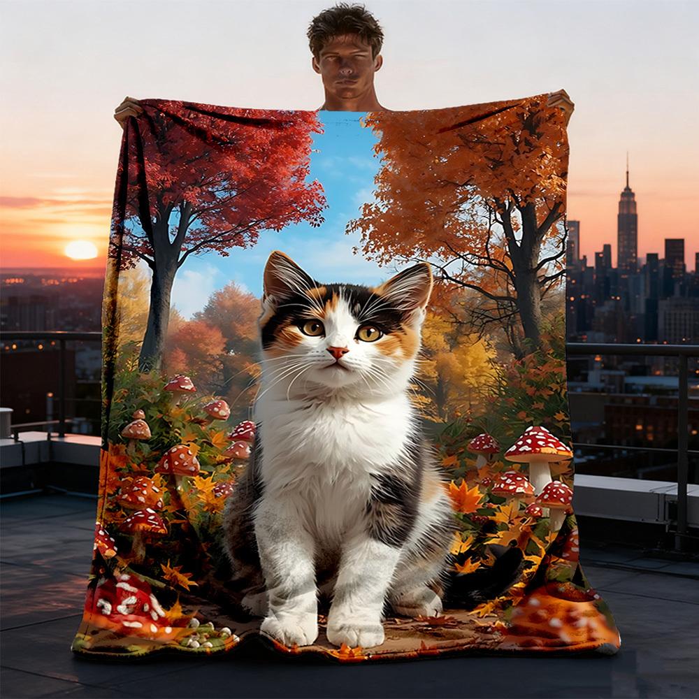 1pc Autumn Forest Cat Print Outdoor Soft Polyester Flannel Throw Blanket Versatile for All Seasons , Soft , Cozy , Warm All Season Quilted Throw ,