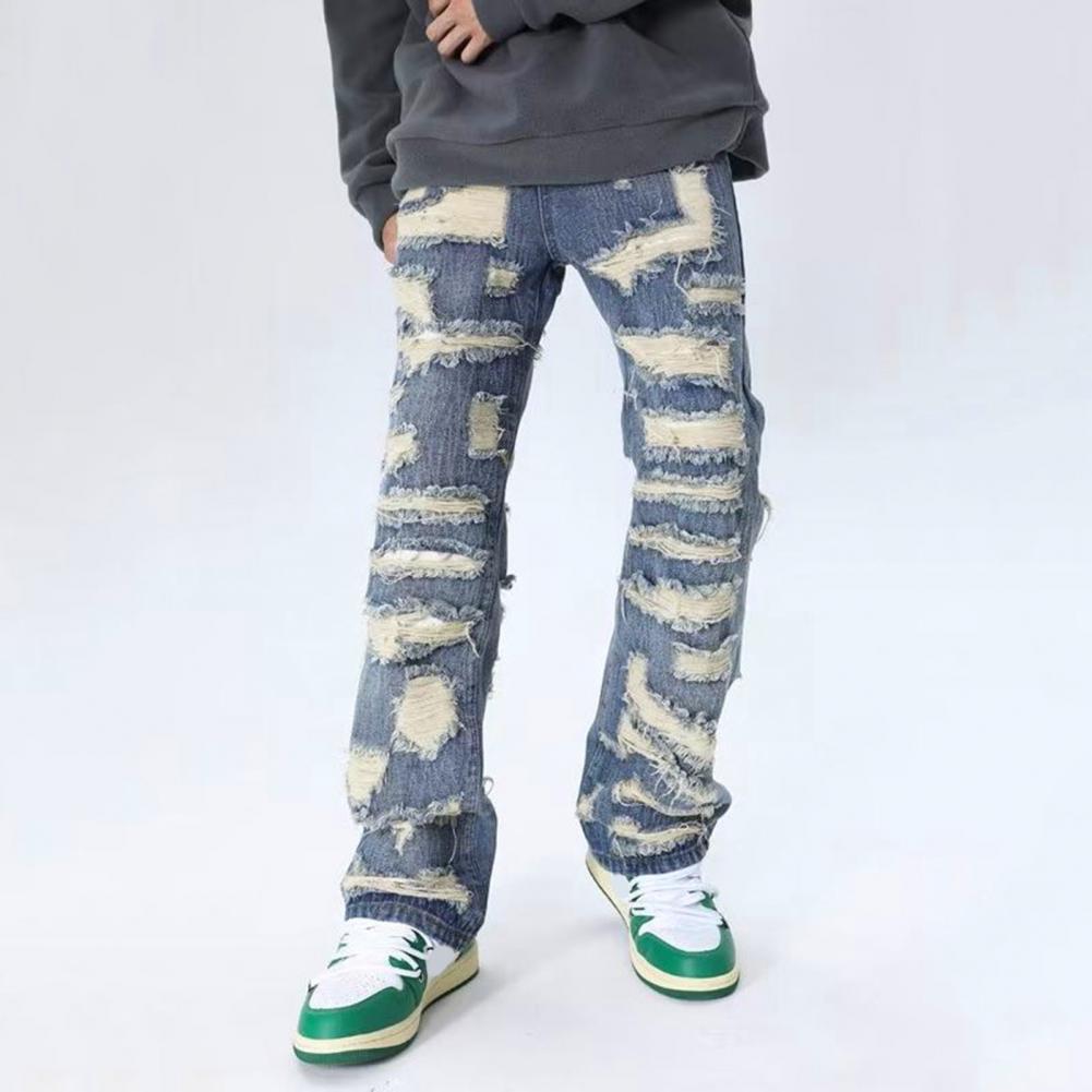 Pánské džíny Distressed Washed Vintage Denim Kalhoty se 4 hlubokými kapsami Džínové kalhoty s rovnými nohama ve stylu High Street