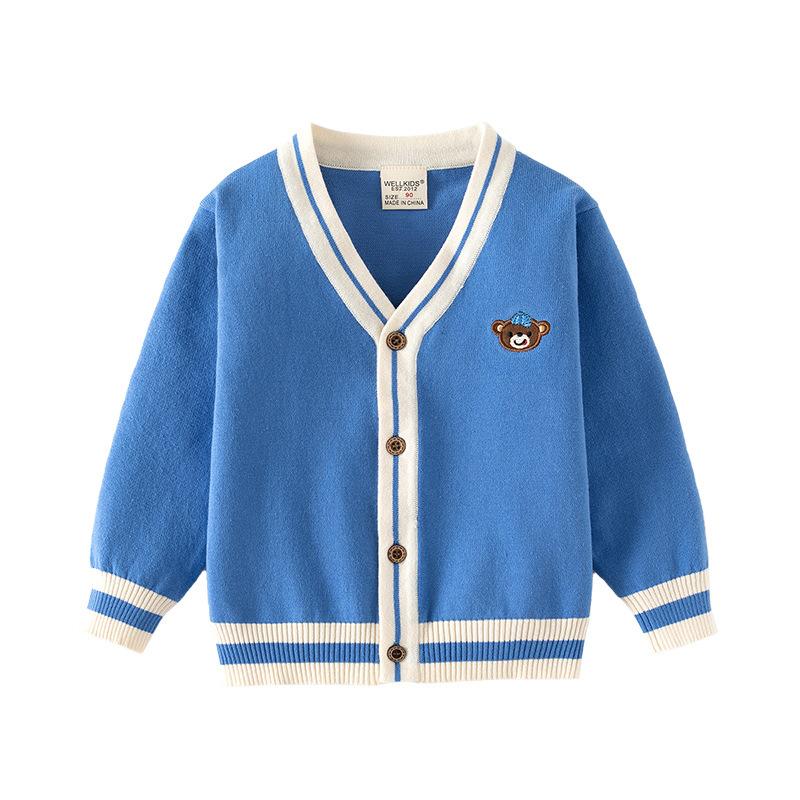 Boys Knit Cardigan Sweater V Neck Embroidered Button Down Outerwear Autumn Fashion Top for Toddler and Kids