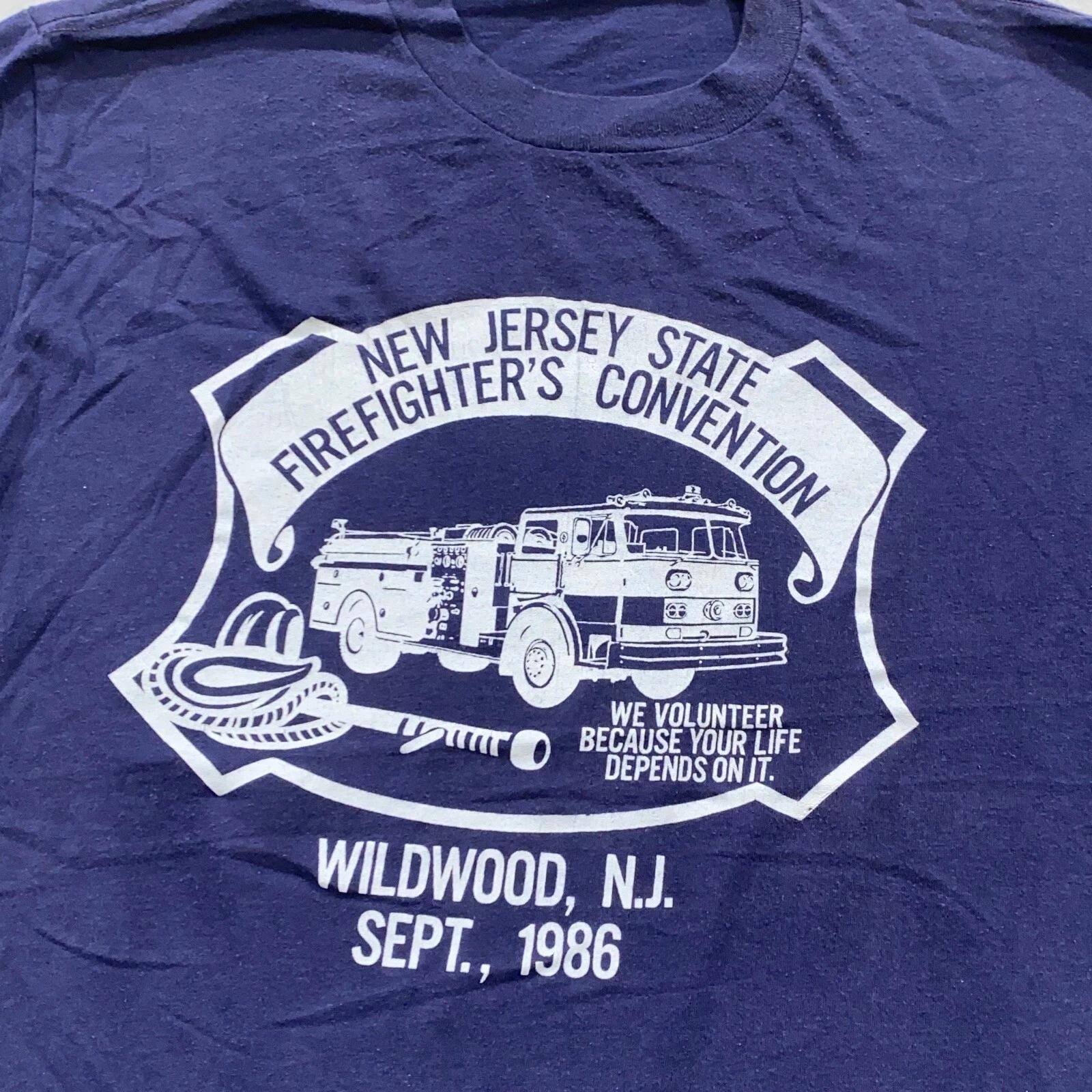 vintage 1986 WILDWOOD NEW JERSEY FIREFIGHTER CONVENTION T-Shirt MEDIUM thin 80s XL