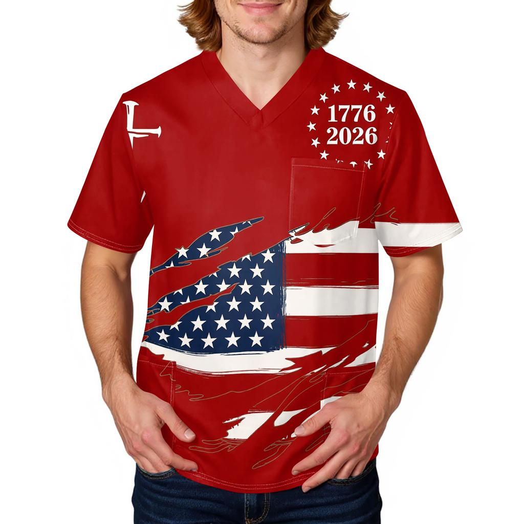Men's Short Sleeve V Neck Medical Scrub Top with Pocket Independence Day Star Print Workwear Shirt for Healthcare Professionals
