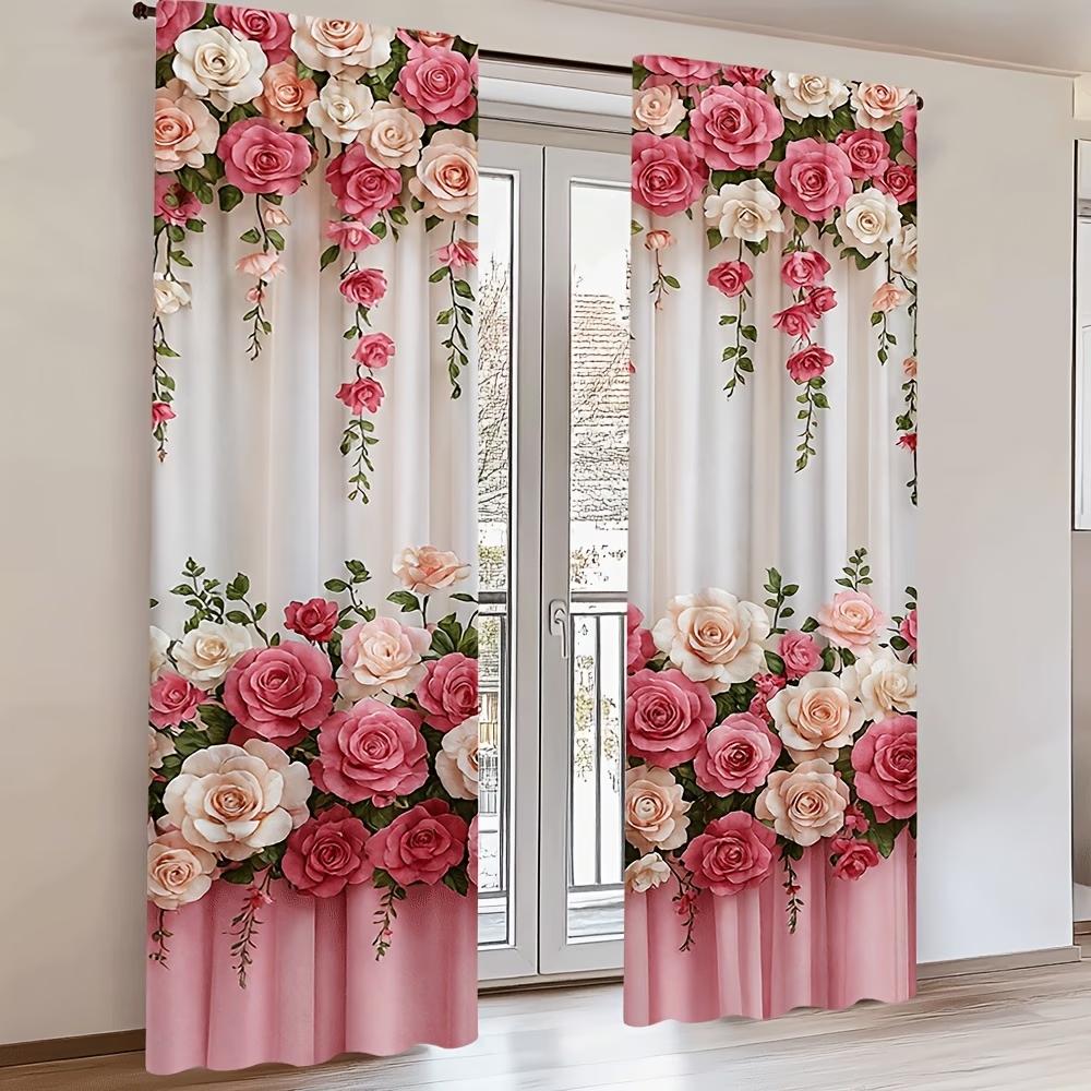2PCS Digital Printed Curtains, Pink White Rose Romantic Floral Gradient, Window Curtains for Living Room Bedroom Home Decoration