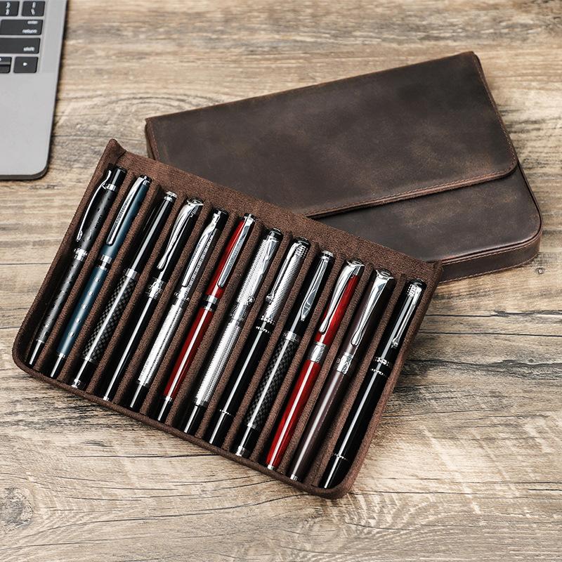 Crazy Horse Leather Pencil Case 12 Packs Handmade Magnetic Drawer Type Student Office Pen Storage Case