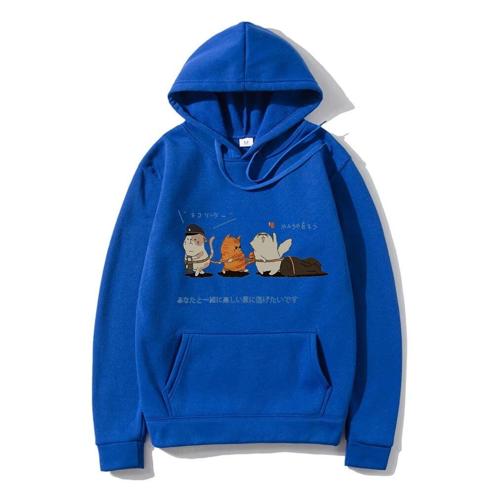 Men Hip Hop Unisex's Hoodies Streetwear Japanese Kanji Harajuku Funny Cat Unisex Hoodies Sweatshirts Autumn Winter Oversized Clothing