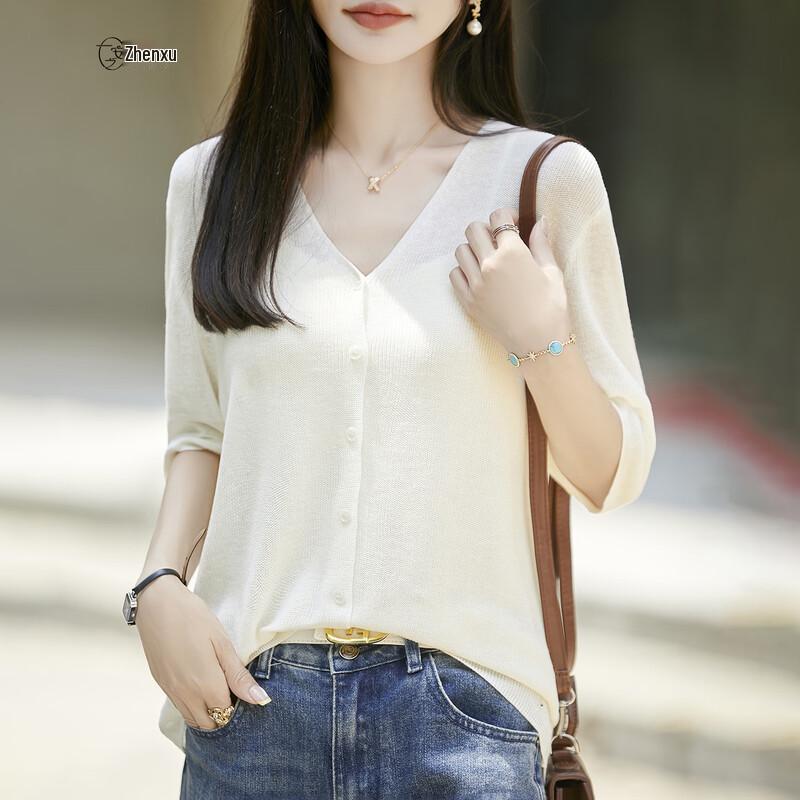 Women s Lightweight Tencel-Linen V-Neck Short Sleeve Knit Cardigan Tee XL