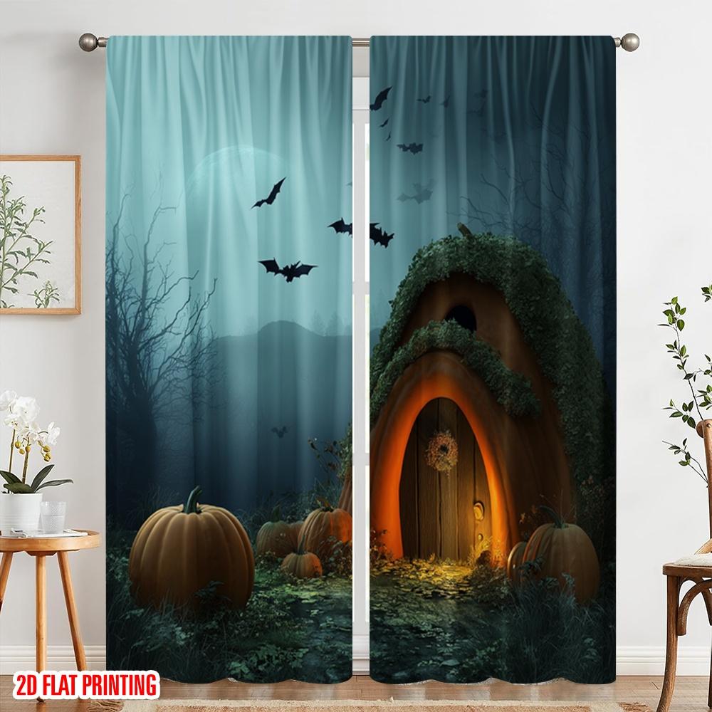 2pcs,2D Plane Printing Creative Curtains Halloween Pumpkin (20) Versatile Polyester Fabric (without Rod) Decorations Inside
