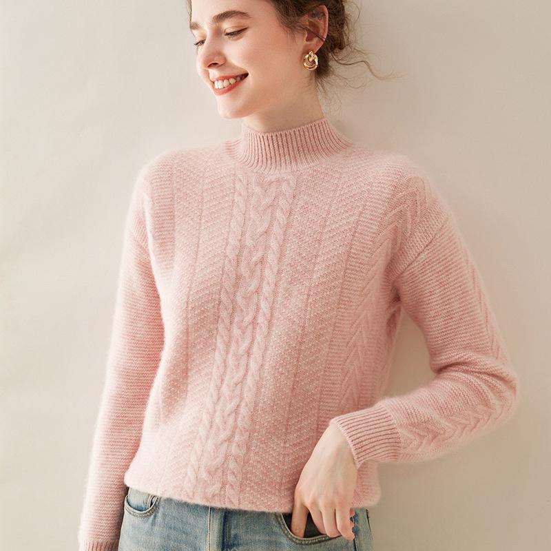 Women's Three-Strand Thickened Cashmere Cable Knit Sweater - Half-High Collar, Long Sleeve, Autumn Winter Pullover.