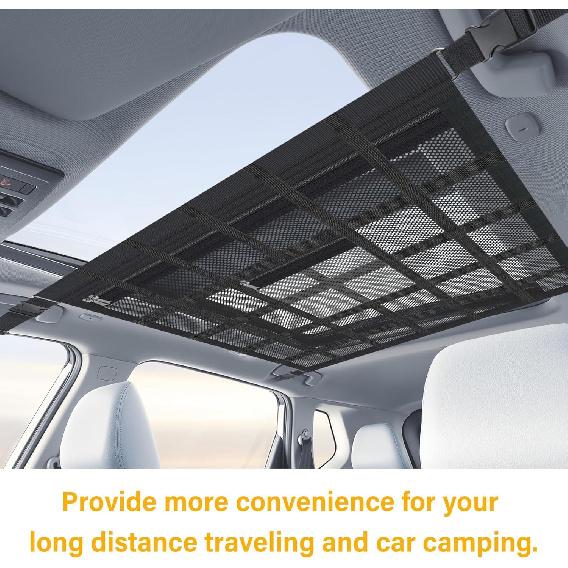 Upgrade Car Ceiling Cargo Net Pocket With Zip,Double Layers+Avoid Sagging Roof Cargo Bag For Toy,Quilts,Tickets,Universal Road Trip Essentials Car