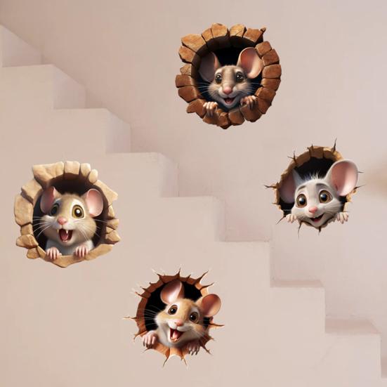2Pcs 3D Cartoon Mouse Cat Wall Stickers Self-adhesive Removable Waterproof High-Quality PVC Material Wear-resistant Decal